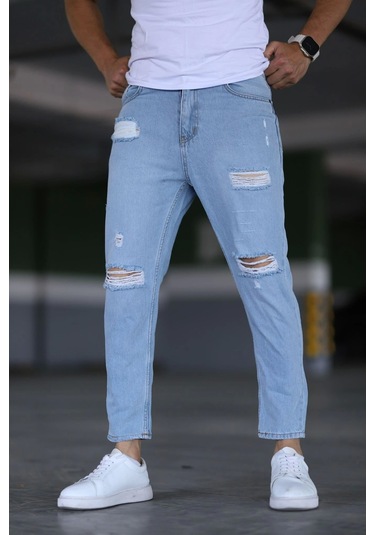 Erkek Boyfiend Yırtıklı Buz Mavi Kot Pantolon Buz Mavi