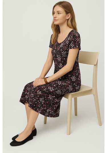 Dökümlü Rahat Kalıp Günlük Penye Kumaş Elbise Bordo