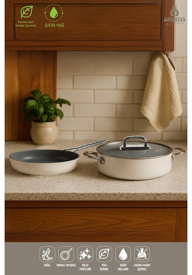 3 Parça Nova Midi Yanmaz Yapışmaz Seramik Basık Tencere Tava Seti 24 Cm Beyaz