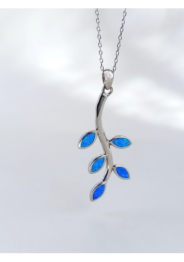 Keskin Gümüş Mavi Opal Taşlı Yaprak Tasarım Kadın Gümüş Kolye