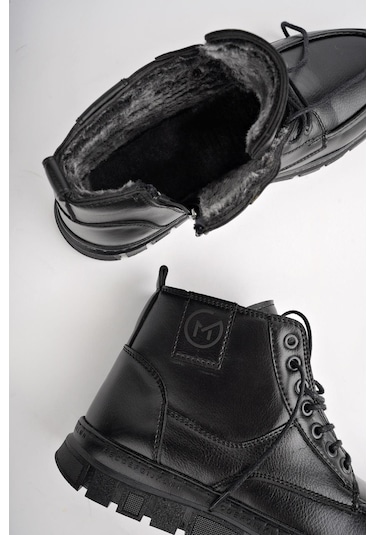 Muggo Gilberto Garantili Fermuarlı Bağcıklı Kürklü Hafif Taban Erkek Bot Siyah