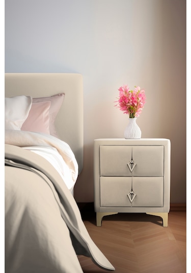 Harmony Gold Iki Çekmeceli Komodin- Yatak Odası Kumaş Döşemeli 2 Kapaklı Komodin Modeli Krem