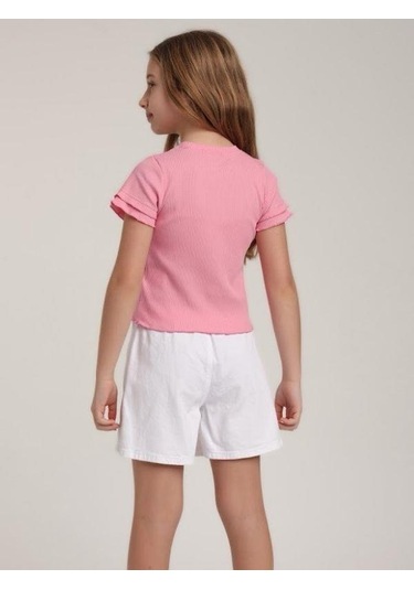 Kız Çocuk Çiçek İşlemeli Tasarım Kot Şort Etek-15623 Beyaz