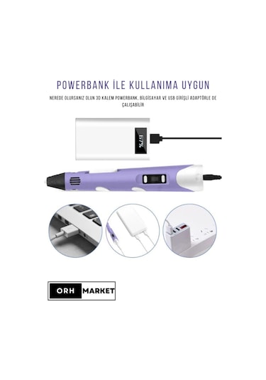 Mor 3D Kalem 3D Pen Yazıcı Kalem – 20 Adet 5 Metrelik PLA Filament (Toplam 100M) + USB Kablo