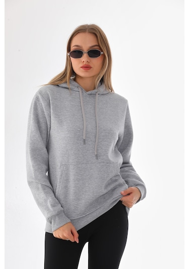 Everest Everst Kapüşonlu 3 İplik Şardonlu Kanguru Cepli Sweatshirt Gri