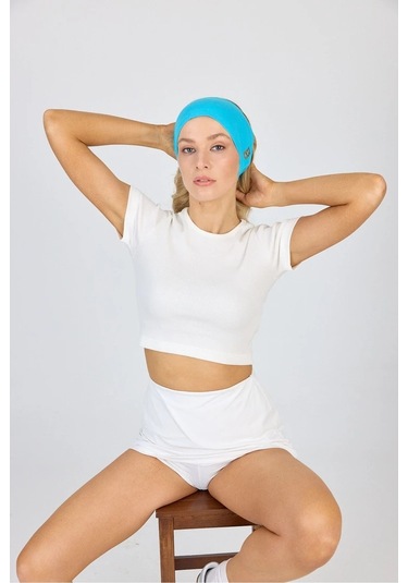 Beyaz Kısa Kol Bisiklet Yaka Vücuda Oturan Kaşkorse Crop + Bandana Set %100 Pamumklu, Esnek Rahat Aqua