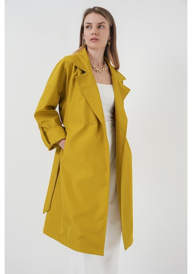 9104 Kruvaze Yaka Astarlı Trençkot - E.yeşil Yeşil