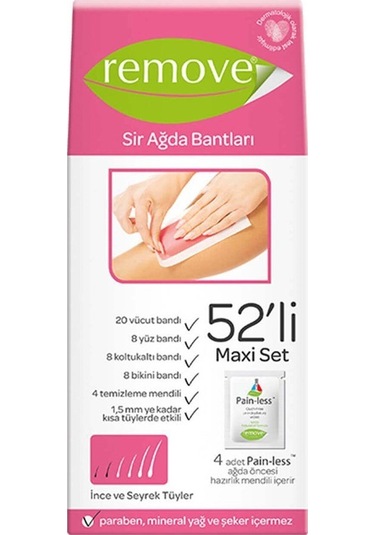 Remove İnce Seyrek Tüyler için Sir Ağda Bandı 44'lü+Temizleme Mendili 4'lü+Ağda Önces Mendili 4'lü