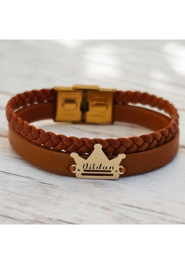 Archin Vildan İsmine Özel Kahverengi Derili Taç Motifli 14 Ayar Altın Plakalı Hediye Bileklik-467isim Vildan