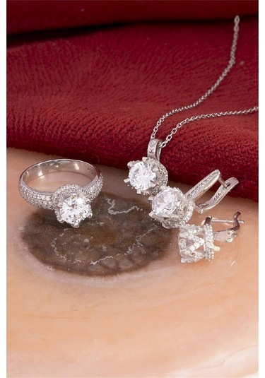 925 Ayar Gümüş Rodyumlu Full Zirkon Taşlı Kraliçe Bayan Takı Seti