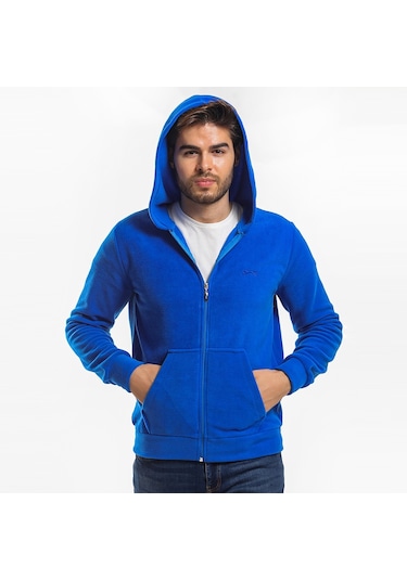 Slazenger SAMSON IN Erkek Fermuarlı Kapüşonlu Cepli Saks Mavi Polar