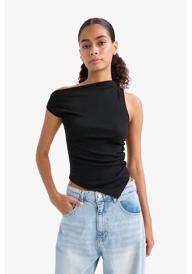 Defacto Slim Fit Dar Kesim Tek Omuzlu Ribana Siyah Bluz F2453ax25smbk81 Siyah