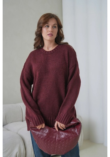 Kadın Bisiklet Yaka Yumuşak Dokulu Oversize Triko Kazak 3032 Bordo