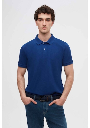 D's Damat Ds Damat Regular Fit Saks Mavi Pike Dokulu %100 Pamuk Kıvrılmaz Polo Yaka Nakışlı T-shirt 4HC14ORT51000 Saks Mavi