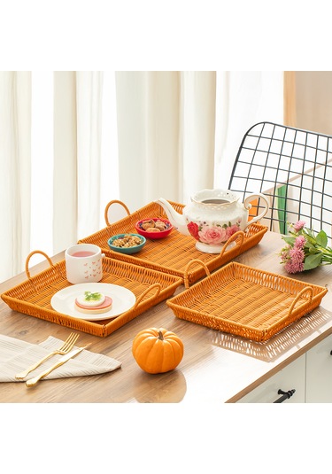 Porsima 709d Kare 3'lü Hasır Tepsi Dekoratif Sunum Servis Tepsisi