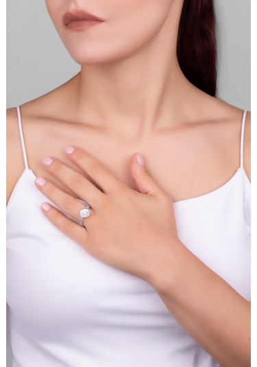 Mozanit Evreni 18 Ayar Beyaz Altın Kaplama Gümüş Ayarlanabilir Yüzük Beyaz