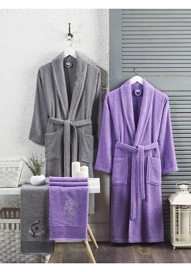 4 Parça Aile Bornoz Seti Kadın Erkek Havlulu Bornoz Takımı 100 Gri Lavanta - L-xl - Renkli Renkli