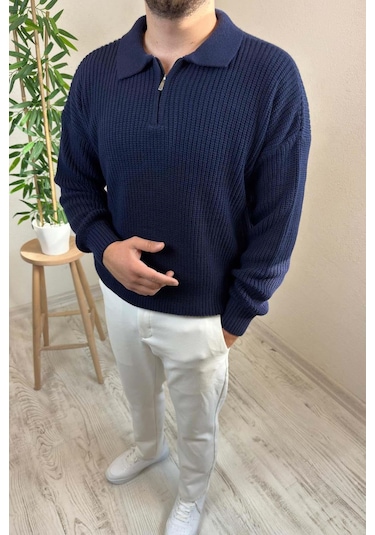 Erkek Lacivert Fermuarlı Polo Yaka Oversize Triko Kazak Lacivert