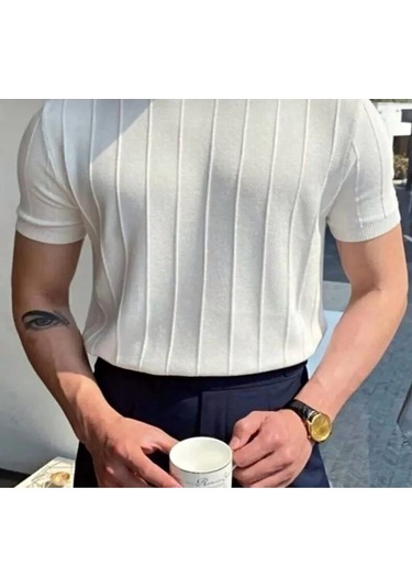 Erkek Slim Kısa Kollu Triko Tişört Yazlık Basic Beyaz
