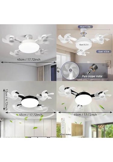 Boatshop1 Üç Beyaz Fan Led Akıllı Tavan Fanı Lambası E27 E26 Soket Uzaktan Kumanda Ayarlanabilir Parlaklık 3 Hız Yatak Oturma Çalışma Odası