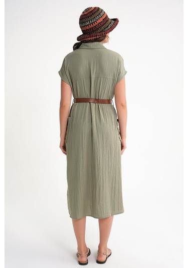 4453 Kadın Keten Cepli Midi Kemerli Elbise Haki Haki