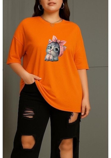 Büyük Beden Minnoş Kedi Baskılı Unisex Tişört Turuncu