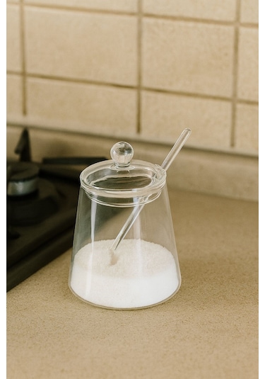 Qerhome 3'lü Borosilikat Cam Kapaklı Cam Kaşıklı Baharatlık Seti Beyaz