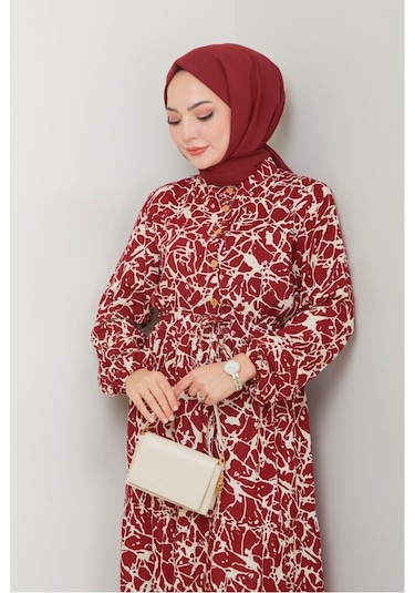 Sevil Yarım Düğmeli Dokuma Viskon Elbise 1504 - Bordo Bordo