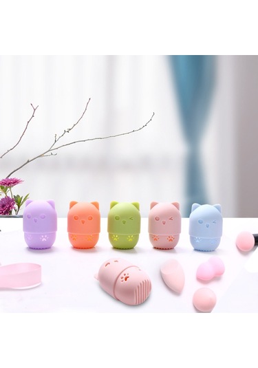 Mufunye Seyahat Taşınabilir Silikon Kedi Yavrusu Şekli Çabuk Kuruyan Puf Koruyucu Kapak Makyaj Yumurta Güzellik Araçları Kapsül Saklama Kutusu Mor
