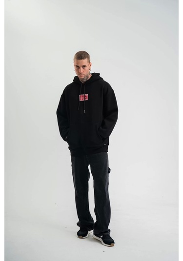 Double Oversize Kapşonlu Dijital Patchli Sweatshirt - Siyah