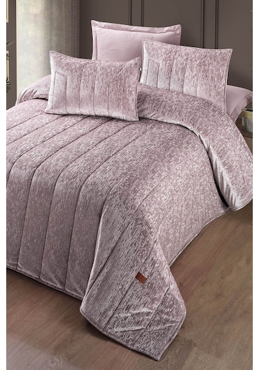 Gerardo Jakar Kadife Çift Kişilik Yatak Örtüsü Takımı Pudra Bej