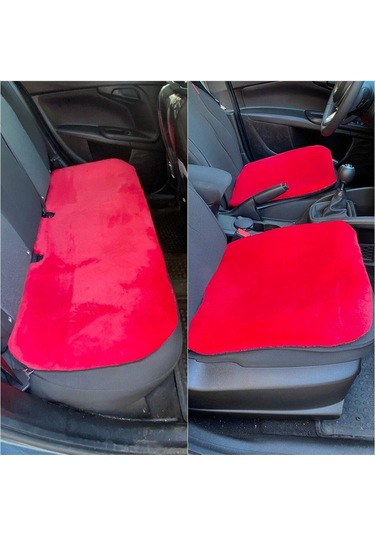 Yumuşak Tüylü Peluş Serme Oto Koltuk Koruyucu Minder Ön Arka Kırmızı