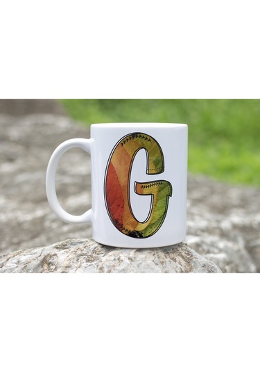 G Harf Yaprak Renkleri İle Kupa Bardak - Kişiye Özel Alfabe Harfli Bardak - Hediye Beyaz