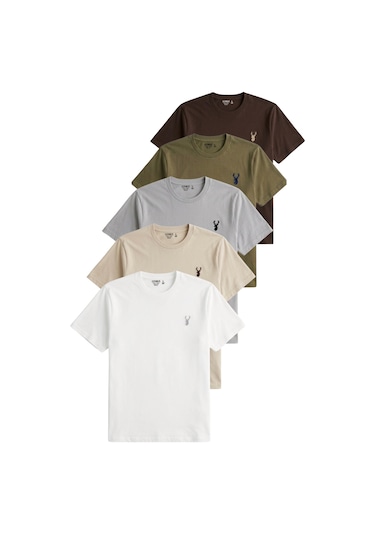 Genius Store Erkek 5'li Tişört %100 Pamuk Süprem Rahat Kalıp Basic Tişört Bisiklet Yaka Nakışlı T-shirt Erkek-5li Beyaz-bej-gri-haki-kahverengi