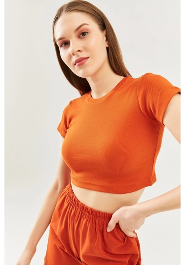 Kadın Kısa Kol Bisiklet Yaka Vücuda Oturan %100 Pamuklu Kaşkorse Esnek Crop Bluz Kiremit