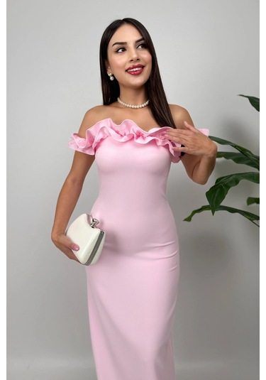 Arlina Madonna Yaka Göğüs Büzgülü Uzun Pembe Abiye Elbise Pembe