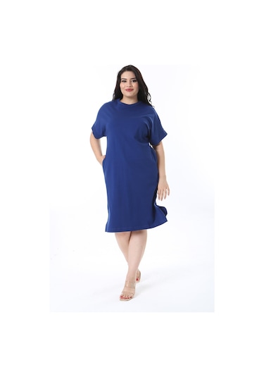 Kadın Büyük Beden Saks Yan Yırtmaçlı Düşük Kollu Elbise 65n38238-saks Saks Mavi