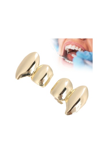 Lemestar Hip Hop Altın Diş Takımı - Gümüş Alçıklı, Kolay Kullanıma Uygun, Halloween Ve Fashion Gösterileri İçin Sertifikalı Dekoratif Aksesuar 2 Adet Gold