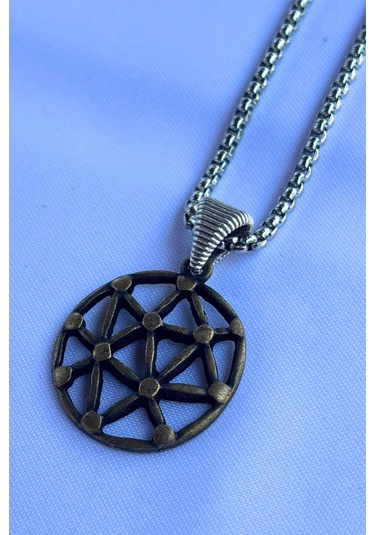 Geometrik Desenli El İşçiliği Paslanmaz Çelik Zincir Erkek Kolye Gümüş