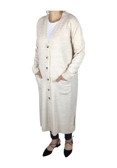 Kadın Büyük Beden Düğmeli Mevsimlik Hırka Krem