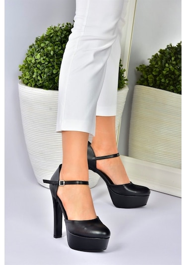 Fox Shoes Siyah/Siyah Platform Kalın Yüksek Topuklu Kadın Ayakkab
