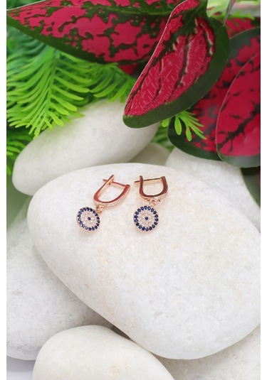 Nazar Boncuklu Zirkon Taşlı Rose Kaplama Bayan Gümüş Küpe 201022756