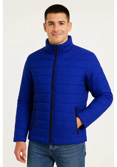 Erkek Bomber Mont Ceket Su İtici Kumaş, Kapitone Astarlı, Fermuarlı, Kışlık - Saks Mavisi Saks Mavisi