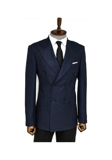 Wessi Kazayağı Desenli Lacivert Erkek Kruvaze Ceket - Wessi Lacivert