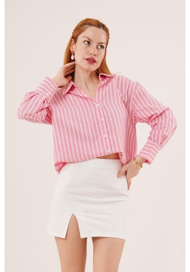 Çift Çizgi Geçişli Düğmeli Pembe Gömlek Karışık Çok Renkli