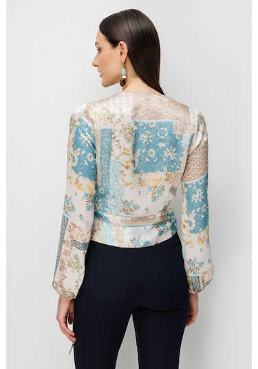 Ekol Kadın Beli Fularlı Desenli Crop Bluz 2094 Turkuaz