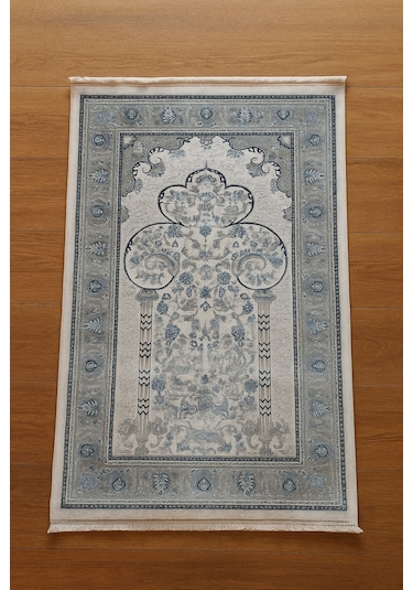 İpek Halı Kalitesinde Seccade 80x125 Cm Yumuşak Viscon İplik, Hediyelik Ve Çeyizlik Namazlık Turkuaz & Krem