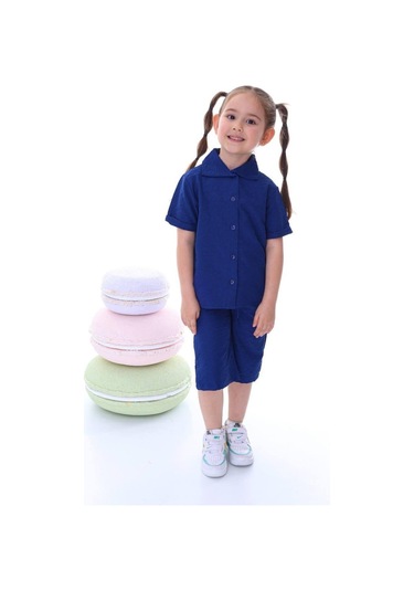 Kız Çocuk Desenli Gömlekli Takım-6370-Mavi