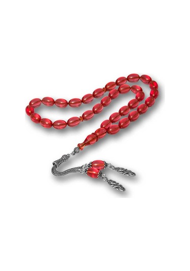 Gümüş Püsküllü Ateş Kehribar Tesbih Sl12592 Gümüş