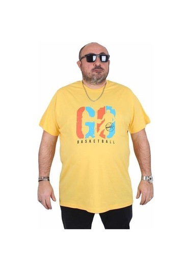 Starbattal Erkek Büyük Beden Sıfır Yaka Tişört Lets Go 25161 Sarı Sarı